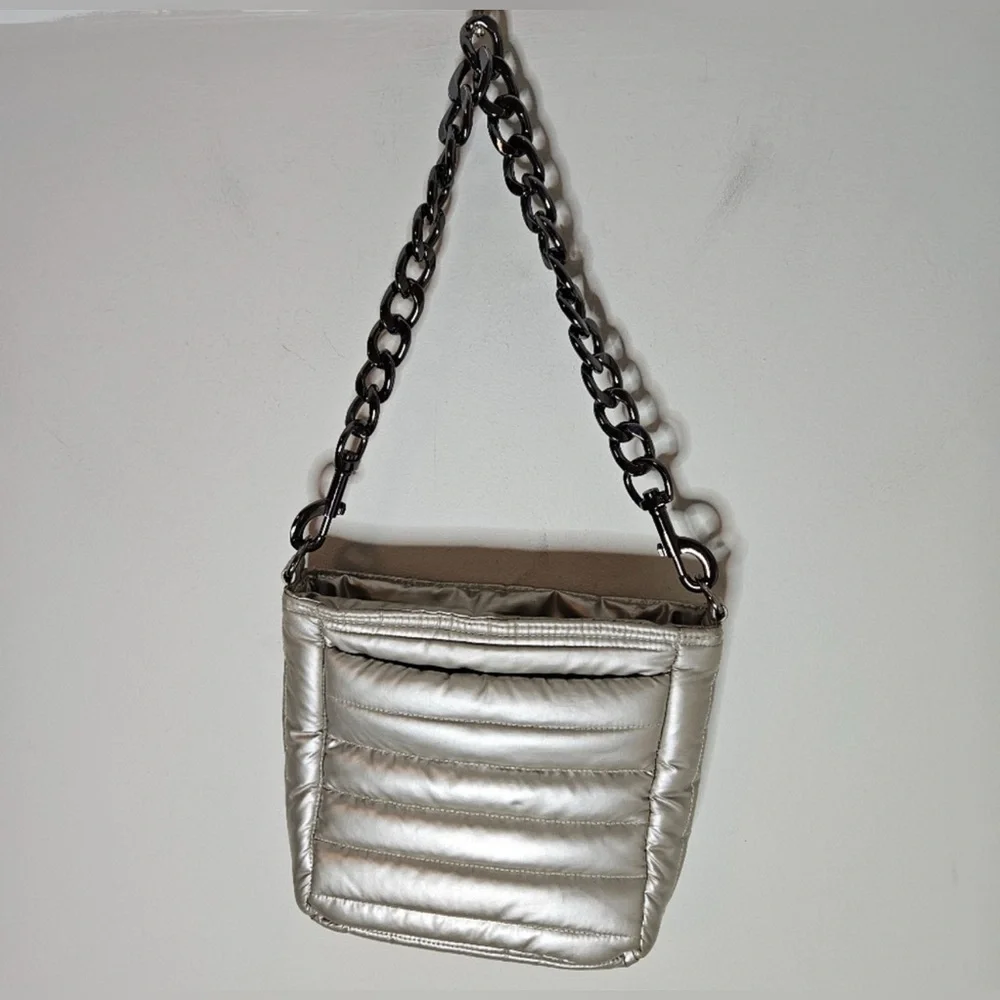 quilted silver puffy purse  - think royln downtown crossbody metallic hand bag